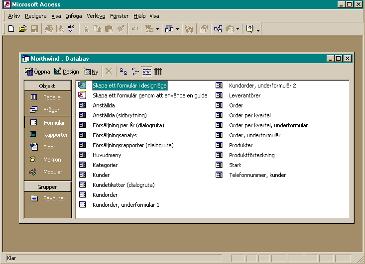 Access-fönstret, när man öppnad Northwind-databasen